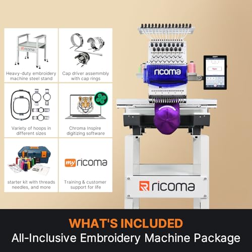 Ricoma Swift 1501 15-Needle Commercial Embroidery Machine, 20.5"x13.8" Large Embroidery Area, 1200SPM Max Speed, 10.1" Touchscreen, Wi-Fi/USB, 3D Cap & Flat Clothing Embroidery for Business