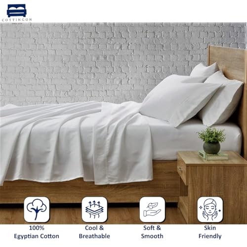 Cottingon 4 Piece Full XL Dorm Bedding Set for College, 100% Long Staple Premium Egyptian Cotton, Soft Bed Sheets, Fits Upto 15" Deep Mattress 54"X80" Extra Long, White Cottingon