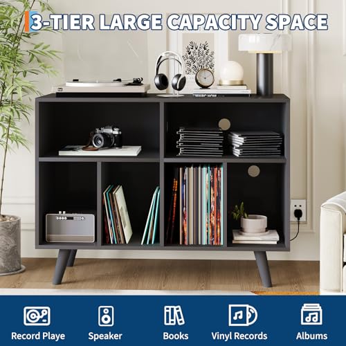 IDEALHOUSE Record Player Stand with Vinyl Storage, 39.5in Large Vinyl Record Holder Player Cabinet Wood Turntable Stand Up to 350 Albums with Charging Station for Living Room, Black IDEALHOUSE