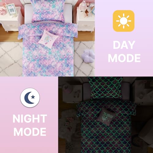 Wink Deer Twin Comforter Set for Girls-3 Pieces Mermaid Glow in the Dark Twin Bedding Sets for Kids,1 Comforter,1 Sham and 1 Decor Pillow Wink Deer