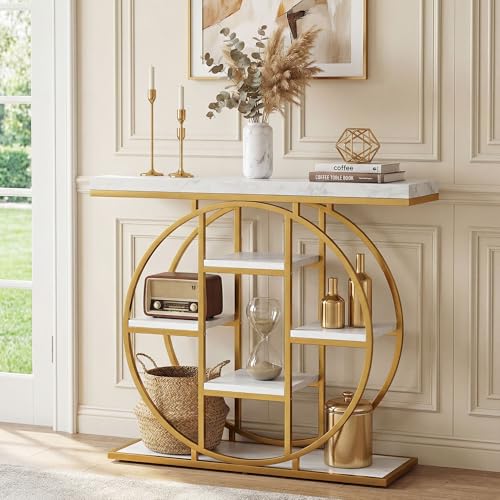 HOMCOM Entryway Table, 39.4" Console Sofa Table with Storage Shelves and Circle Steel Frame, Narrow Wood Accent Tables for Entrance, Hallway, Foyer, Living Room, White Marble Effect HOMCOM