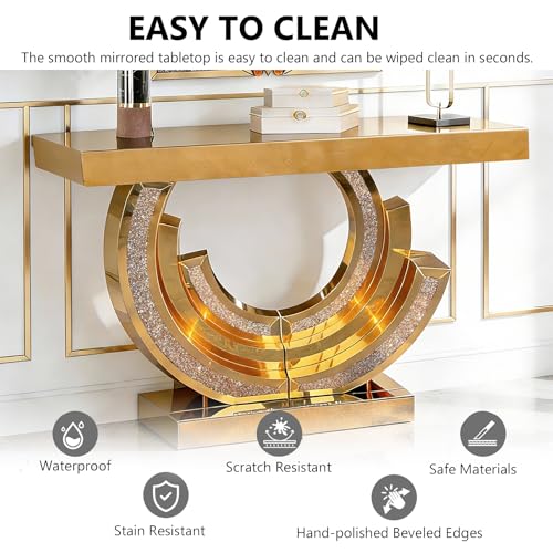 MELAABUU Mirrored Console Table, 42.9" Brown Rectangle Sofa Table with Sparkling Crystal 3C Shaped Base, Modern Luxury Mirrored Furniture with Diamond Glass Effects for Entryway Hallway Entrance MELAABUU