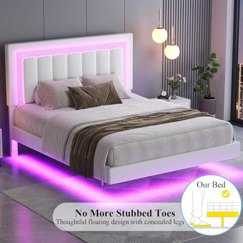 HOMBCK Floating Bed Frame Queen with Smart LED Lights, Faux Leather Upholstered Bed with Diamond PU Headboard, No Box Spring Needed, Noise-Free, Easy Assembly, White HOMBCK