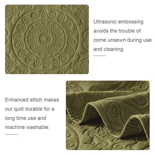 WURUIBO Olive Green Quilt Set Twin Size, Embossing Microfiber Bedspreads with Pillow Sham, Ligthweight Breathable Thin Coverlet, Reversible Bedding Set for All Season (1 Quilt, 1 Pillow Sham) WURUIBO