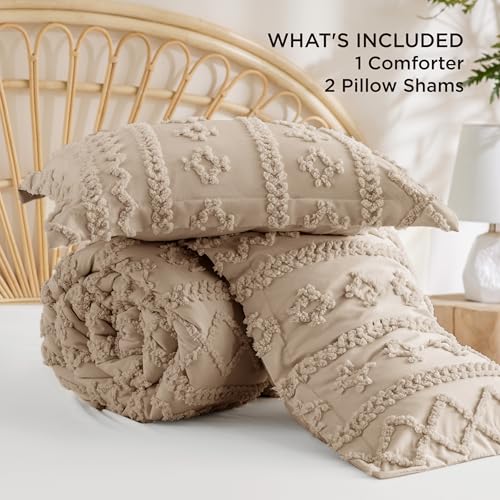 Bedsure Tufted Boho Comforter Set Full Size - Khaki Boho Bed Set, GentleSoft™ 3 Pieces Farmhouse Shabby Chic Embroidery Bedding, Gifts for Woman, Soft Jacquard Full Comforter for All Seasons Bedsure