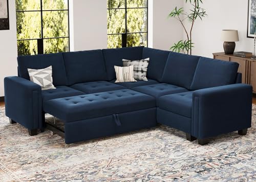 Belffin Modular Sectional Sleeper Sofa with Pull Out Couch Bed Velvet Convertible L Shaped Sectional Couch for Living Room Apartment Blue Belffin