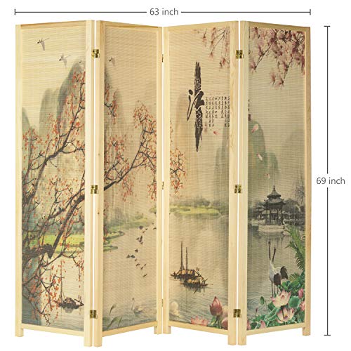 MyGift 4-Panel Folding Bamboo Room Divider Asian-Inspired Cherry Blossom Scene, 6 FT Freestanding Floral Artwork Room Partitioner with Beige Wood Frame MyGift
