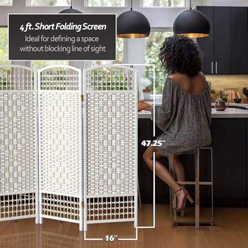 4 ft. Short Fiber Weave Folding Screen - White - 3 Panels Red Lantern