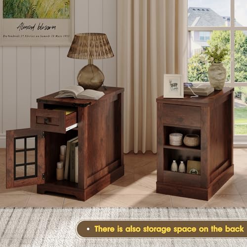 Fameill Farmhouse End Table with Charging Station & Led Lights,Narrow Sofa Side Table with Glass Barn Door & Drawer,Wood Rustic Nightstand Bedside Table for Living Room,Bedroom,Brown Fameill