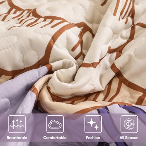 DJY Floral Quilt Set King Size Purple Boho Bedspread Coverlet Set, 3 Piece Microfiber Bohemian Botanical Farmhouse Floral Quilt Bedding Set with 2 Pillowcases for All Season (110''x90'') DJY