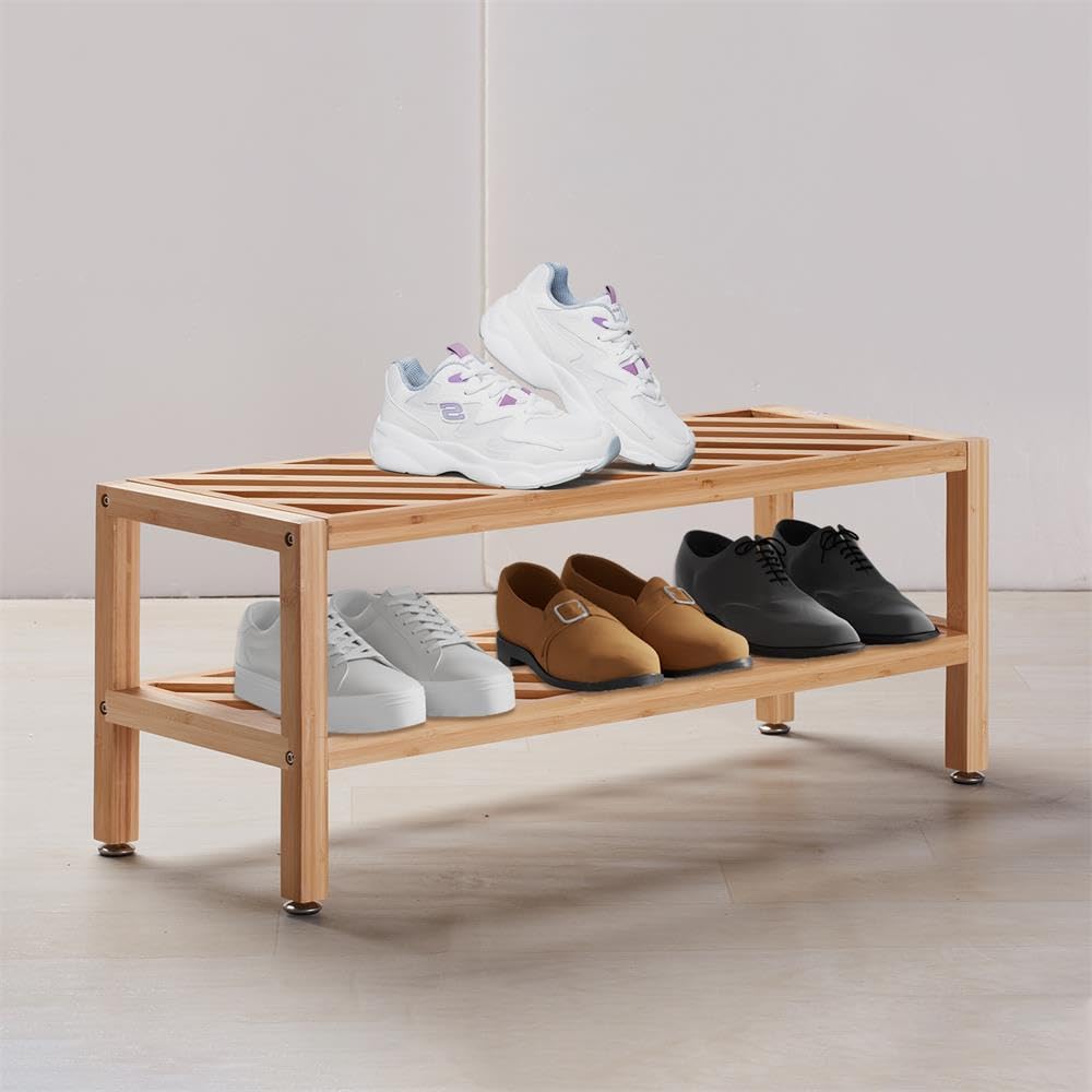 Flyxiregg 2-Tier Bamboo Shoe Rack Bench, Stackable Shoe Storage Bench Organizer Free Standing Shoe Shelf for Entryway and Closet Hallway, Bamboo Rack in Different Combinations, 27.6"x10.3"x11" (Wood) Flyxiregg