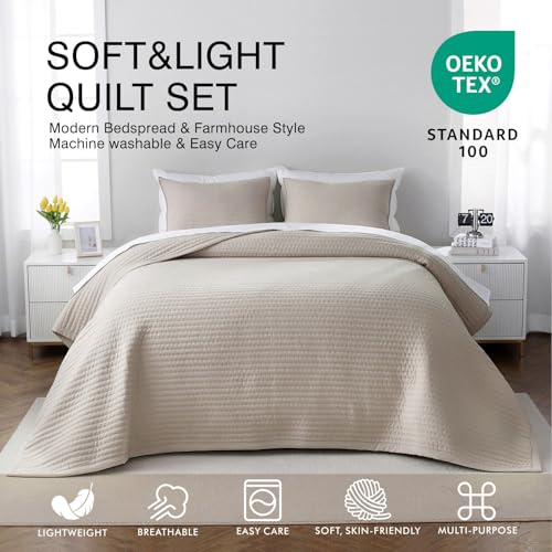 Oversized Queen Quilt Set–102"x106" Soft Washed 3-Layer Lightweight Bedspread with Multi-Lock Quilting,Minimalist Nordic Bedding,All-Season Quilt Set for Spring & Summer,(1 Quilt + 2 Shams), Oatmeal DAWNDIOR