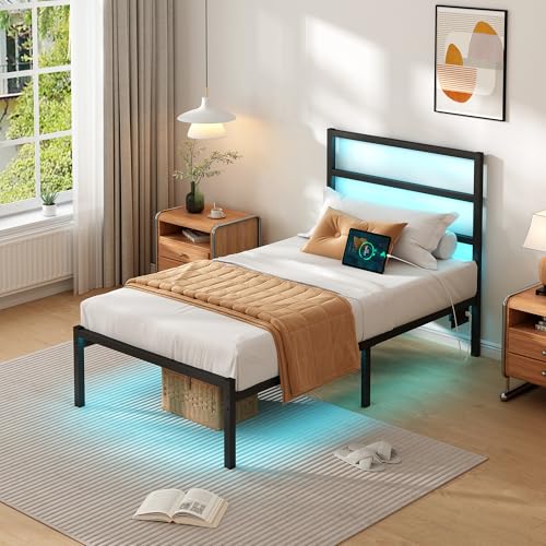 CLIBFENG Twin Bed Frame with Headboard,Heavy Duty Steel Slats Support-LED Bed Frame with USB Charging Station,Mattress Foundation-Under Bed Storage,No Box Spring Needed,Noise Free,Black CLIBFENG