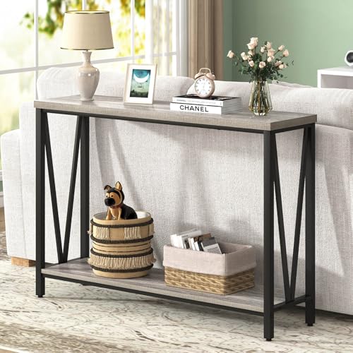 FOLUBAN Industrial Sofa Console Table, Rustic Wood and Metal Entryway Hallway Table for Living Room Entrance, 43.3 Inch Light Grey FOLUBAN