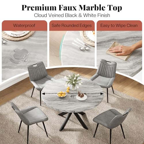 Jocisland 45" Marble Top Round Dining Table and Chairs for 4, Mid Century Modern Dining Room Table Set, Space Saving for Apartment Kitchen (Table + 4 Vertical-Stitching Grey Chairs) Jocisland