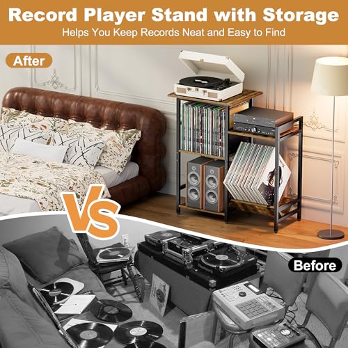 HYPIGO Record Player Stand with Power Outlets, Turntable Stand with Vinyl Record Storage Holds 300+ Albums, Record Player Table with Vinyl Display Holder for Living Room HYPIGO