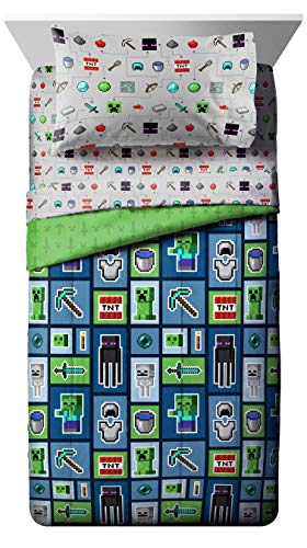 Jay Franco Minecraft Monster Hunters 4 Piece Twin Bed Set - Includes Reversible Comforter & Sheet Set - Bedding Features Creeper - Super Soft Fade Resistant Microfiber (Official Minecraft Product) Jay Franco