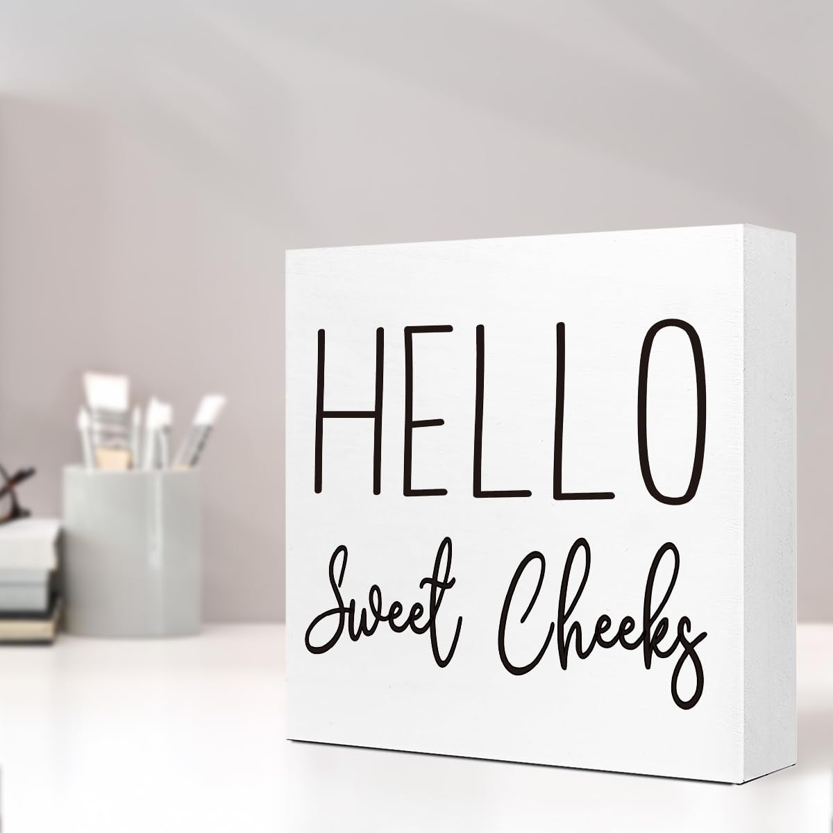Funny Bathroom Wood Block Signs,Hello Sweet Cheeks Wooden Box Sign for Bathroom Shelf Toilet Restroom Home Tabletop Desk Decor,Rustic Bathroom Sign Decor LVQHI