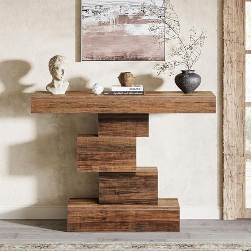 Tribesigns 42.5" Farmhouse Console Table, Narrow Wood Sofa Table Behind Couch with Geometric Base, Industrial Entryway Accent Table for Living Room, Hallway, Entrance (Rustic Brown) Tribesigns