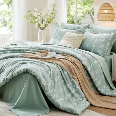 MUXHOMO Queen Comforter Set 7 Pieces, Sage Green Bed in a Bag Queen Reversible Botanical Flowers Design, Ultra Soft & Breathable Bedding Sets with Comforter, Sheets, Pillowcases & Shams