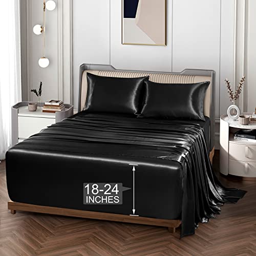 Vonty Satin Sheets Extra Deep Pocket King Size Sheets - Cooling & Silky Satin King Sheets Set with 18-24 Inch Deep Pocket, Black Satin Bed Sheets Fit Up to 24" Deep Matress - 4 Piece Vonty