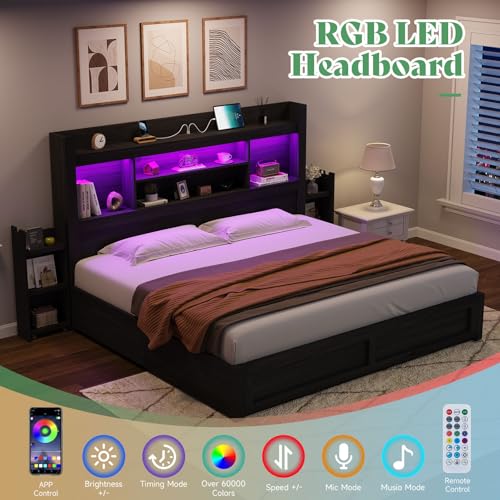 AMERLIFE King Size Bed Frame with LED Headboard, 4 Storage Drawers & Charging Station AMERLIFE