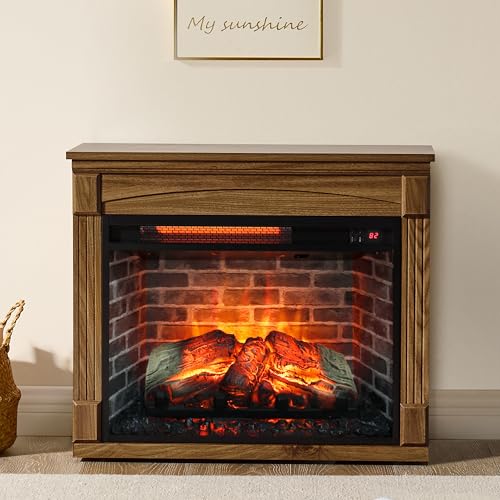 Innoflame 28" Electric Fireplace with Mantel, Freestanding Fireplaces with Realistic Flame & Logs, Remote Control, Timer, Adjustable 4 Flame Brightness, Indoor Fireplace for Living Room & Bedroom Innoflame