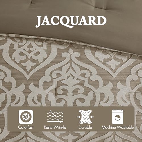 Madison Park Odette Cozy Comforter Set Jacquard Damask Medallion Design - Modern All Season, Down Alternative Bedding, Shams, Decorative Pillows, Cal King(104 in x 92 in), Tan 8 Piece Madison Park