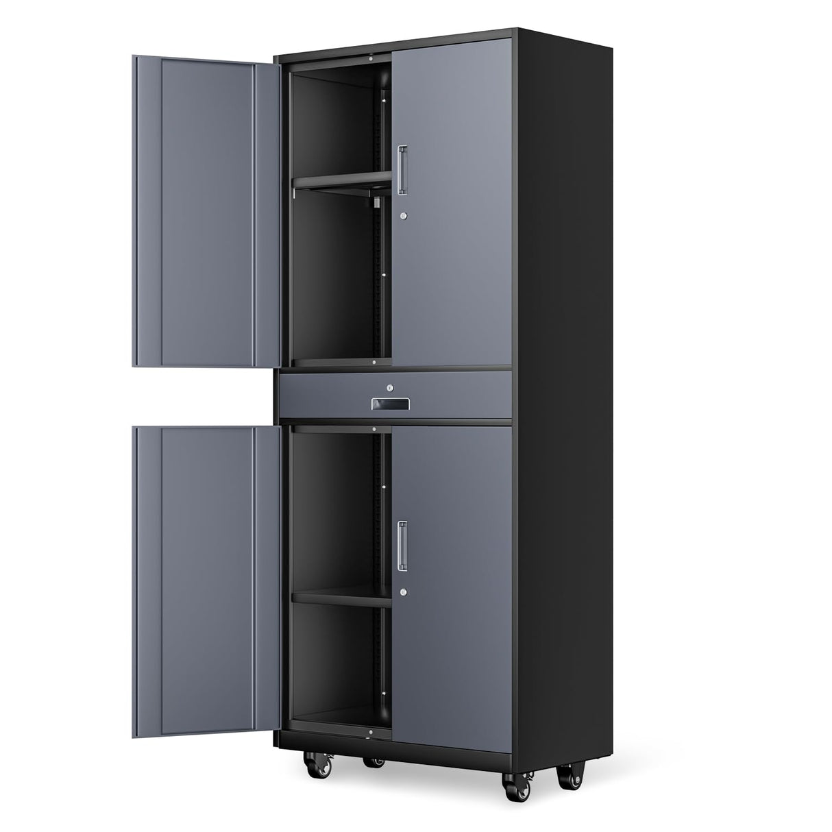 DNA MOTORING Metal Storage Cabinet, 73'' Rolling Garage Cabinet with 1 Drawer and Adjustable Shelves, Lockable Cabinet Heavy Duty Utility Cabinet for Garage,Office,Home,Gray Black, TOOLS-00630-GY-BK DNA MOTORING