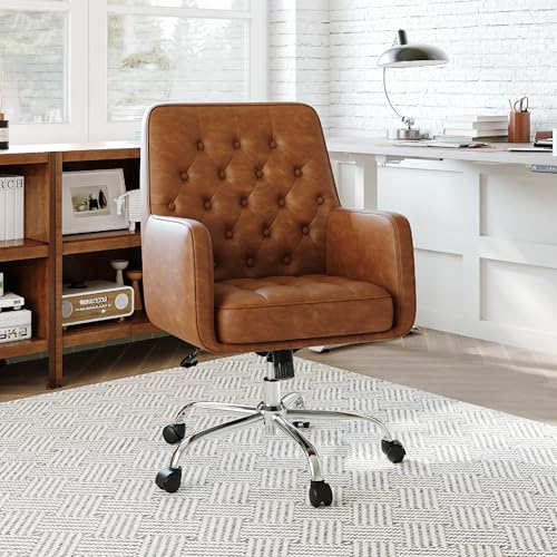 COLAMY Verso Home Desk Chair with Armrest, Leather Swivel Office Chair Adjustment Height with Wheels,Comfortable Padded Seat, Brown COLAMY