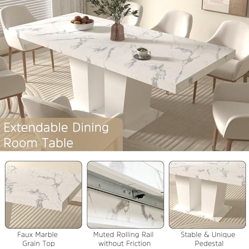 Henf 7 Pieces Faux Marble Dining Table Set for 6, 63"-79" Extendable Dining Room Table and 6 Grey Tufted Chairs Set for 6, Modern Large Expandable Kitchen Table with White Double Columns Base Henf