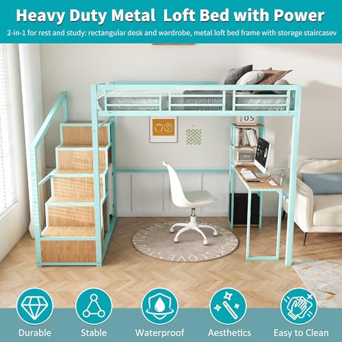 Ball & Cast Heavy Metal Full Size Loft Bed with Desk & Wardrobe,Bed Frame w/Built-in Staircase and Storage Rack,Gaming Bed w/Full-Length Guardrail,Space-Saving Bedroom Furniture for Adults,Green Ball & Cast