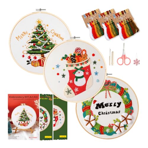 Christmas Embroidery Kits: 3 Pack Cross Stitch Kit for Beginners Adults, DIY Ornaments Craft Kit with All Tools & Instructions, Stamped Hand Embroidery Starter Kit for Holiday Crafts & Xmas Home Decor