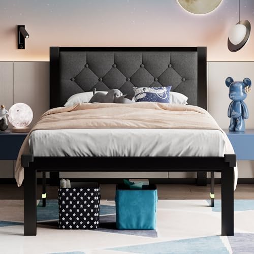 Feonase Twin Size Metal Bed Frame with Linen Upholstered Headboard, Heavy-Duty Platform Bed Frame with 12" Storage, Steel Slats Support, No Box Spring Needed, Gray Feonase