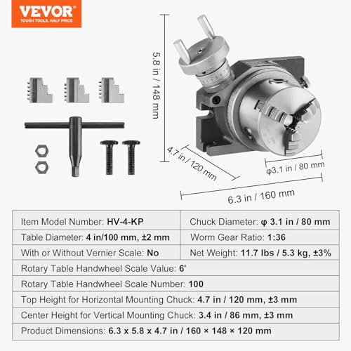 VEVOR Rotary Table for Milling Machines, 4''/ 100 mm, Horizontal Vertical Model Precision Milling Rotary Table, with 3.1''/80 mm 3-Jaw Chuck M10 T-Bolts Nuts, for Milling Engineering Indexing Tools VEVOR