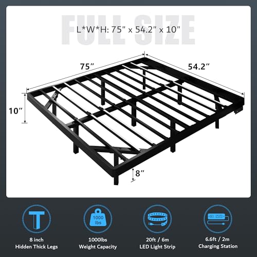 iPormis Full Size Floating Bed Frame with Charging Station and Led Light, Platform Metal Bed Frame with Heavy Duty Steel Slats Support, No Box Spring Needed, Noise-Free, Easy Assembly, Black iPormis