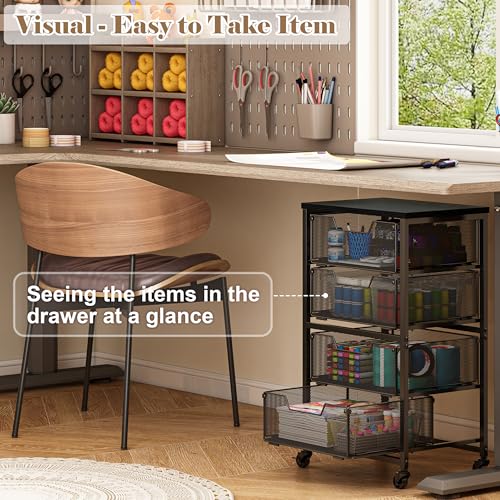 Rolling Cart with Drawers, 4-Drawer Storage Cart on Wheels with Wooden Top, Metal Utility Cart with Storage Drawers, Craft Storage Art Cart for Classroom, Office, Kitchen, Bedroom,Patent Pending Aokitsink