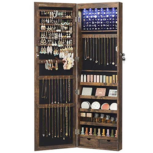 SONGMICS 6 LEDs Mirror Jewelry Cabinet, 47.2-Inch Tall Lockable Wall or Door Mounted Jewelry Armoire Organizer with Mirror, 2 Drawers, 3.9 x 14.6 x 47.2 Inches, Rustic Brown UJJC93CB SONGMICS