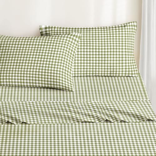 Wake In Cloud - Gingham Bed Sheets, 4-Piece Sheet Set, Plaid Checkered Check Pattern Printed Cute Preppy College Dorm Bedding, Deep Pocket, Moss Green, Full Size Wake In Cloud