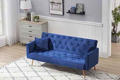 Majnesvon 71" Convertible Folding Sleeper Sofa Couch,Modern Velvet Loveseat Sleeper with 2 Pillows, Futon Sofa Bed with Mattress and Frame for Living Room,Bedroom,Small Space (Blue) Majnesvon