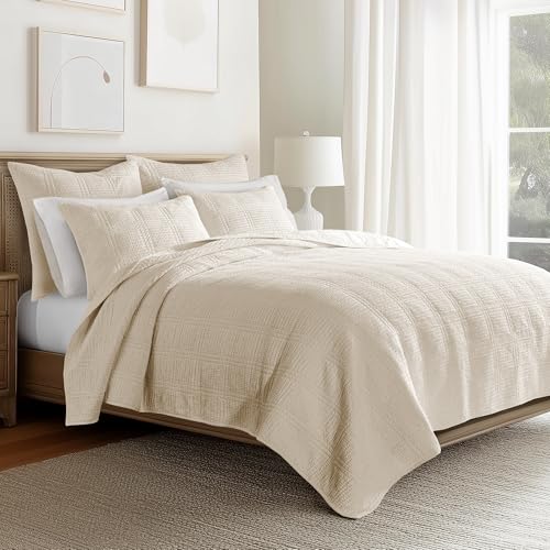 Levtex Home Cloud Waffle King/Cal King Quilt Set (106x92in) and 2 Pillow Shams (36x20) - Box Quilted Waffle Texture - Undyed Cream - Cotton King Size Quilt Bedding Set - Lightweight Soft Pre-Washed Levtex Home