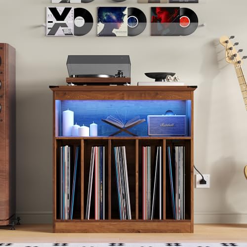MHOM Farmhouse Large Record Player Stand with Power Outlets & LED Lights, Vinyl Record Stand hold up to 150 Albums, Turntable Stand for Living Room, Bedroom, Brown MHOM