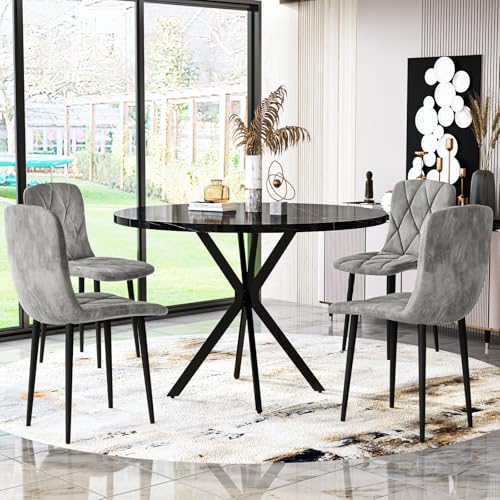 LTTROMAT Round Dining Table Set for 4, 39 Inch Circular Kitchen Table and Chair Set for 4 Person, 5-Pieces Dining Table Set with 4 Grey Velvet Chairs & Metal Frame for Small Space Home Kitchen LTTROMAT
