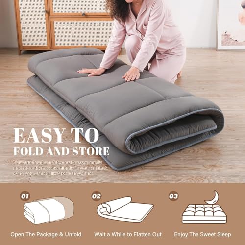 WhatsBedding Japanese Floor Mattress Futon Mattress 3" Grey Tatami Mat Shredded Memory Foam Filled Sleeping Pad, Foldable & Portable Roll Up Lounger Camping Bed for Kids and Adult,Queen Size 60"x 80" WhatsBedding