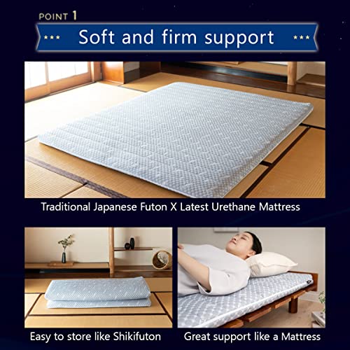 EMOOR Foldable Hybrid Futon Mattress, High-Resilience Urethane Foam 150N with Washable Padded Cover, Japanese Full (76.8x55.1x2.4in), Tatami Floor Sleeping Mat Pad Topper, Gray EMOOR