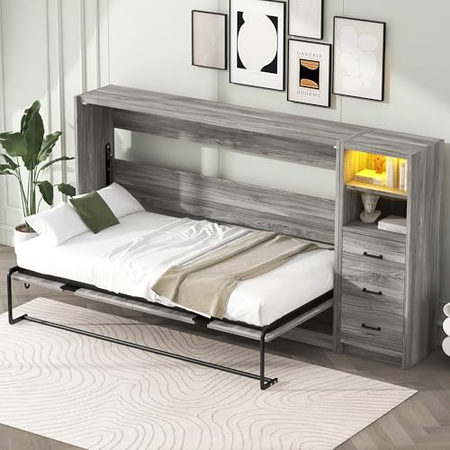 SOFTSEA Twin Horizontal Murphy Bed with Storage, Hideaway Murphy Bed Cabinet with Drawers & LED Light, Farmhouse Hidden Wall Bed Frame Space-Saving for Guest Room Bedroom Office, Grey SOFTSEA