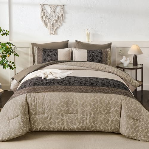 Dinjoy Light Brown King Size Comforter Set,Striped Boho Bed in a Bag King 7 Pieces Soft Fall Bedding Comforters Sets Microfiber Complete Bed Sets for All Season Dinjoy