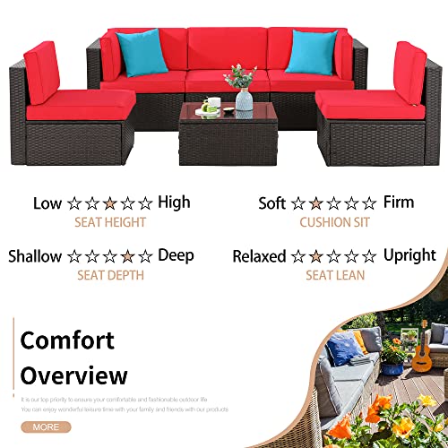Shintenchi 6 Pieces Patio Furniture Sets Outdoor All-Weather Sectional Patio Sofa Set PE Rattan Manual Weaving Wicker Patio Conversation Set with Glass Table&Ottoman Cushion and Red Pillows, Red Shintenchi