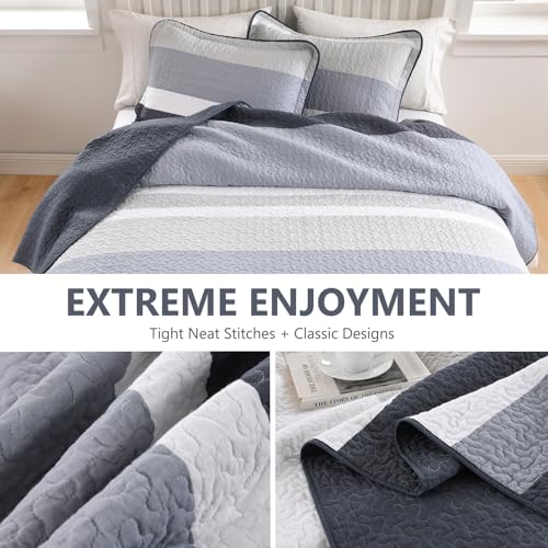 DUOHONG 100% Cotton Quilt Set Queen Size, Queen Quilt Bedding Set, Striped Pattern Quilt Bedspread for Queen Bed, Modern Minimalist Bed Spread Lightweight Comforter, 3Pcs, Charcoal-Blue/Gray/White DUOHONG