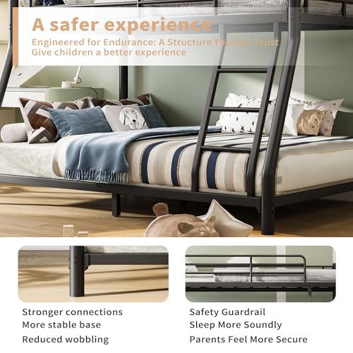 Twin Over Twin Metal Bunk Bed with Trundle Heavy Duty Twin Size Metal Bunk Beds Frame with 2 Side Ladders Convertible Bunkbed with Safety Guard Rails,No Box Spring Needed (Twin Over Full Black) HomJoones